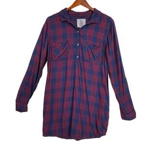 SO Long Sleeve Roll Tab Shirt Dress Pockets Size XL Red Blue Plaid